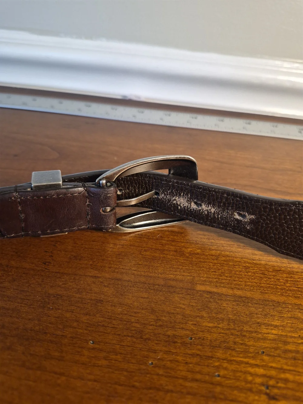 Men's Dark Brown Leather Belt with Silver Western Buckle Size 46